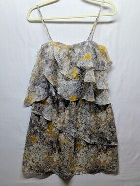 681-MM Couture By Miss Me Gray and Yellow Floral Ruffle Strapless Dressmm